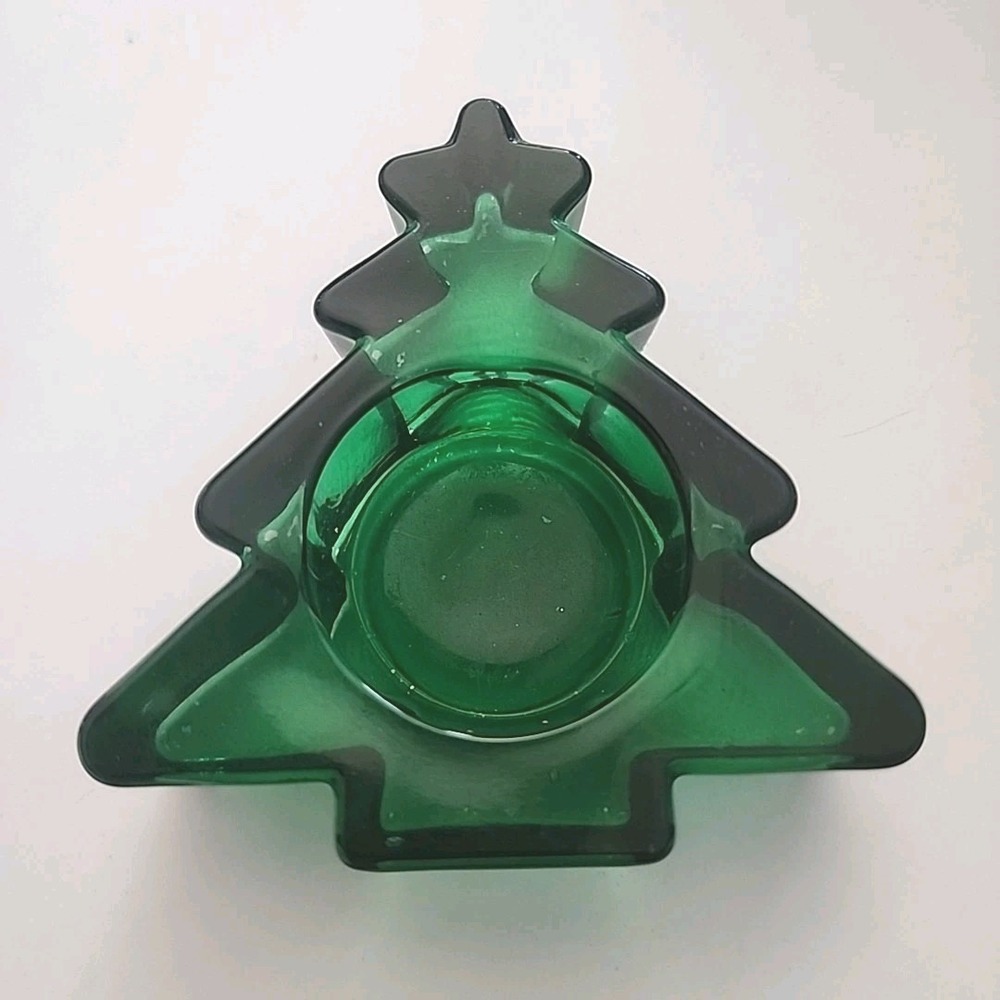 Vintage Green Glass Christmas Tree Tealight Candle Holder Decorative Heavy